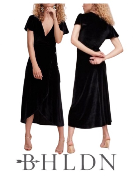 BHLDN Dresses & Skirts - BHLDN | Anthropologie Black Velvet V-Neck Wrap Midi Short Sleeve Dress - Size XS